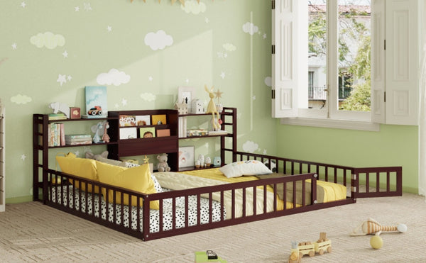 English Elm Queen Floor Bed with Fence Perimeter Bookcase and Three Tier Pine Storage Shelving Espresso LP000216AAP