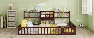 English Elm Queen Floor Bed with Fence Perimeter Bookcase and Three Tier Pine Storage Shelving Espresso LP000216AAP