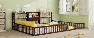 English Elm Queen Floor Bed with Fence Perimeter Bookcase and Three Tier Pine Storage Shelving Espresso LP000216AAP