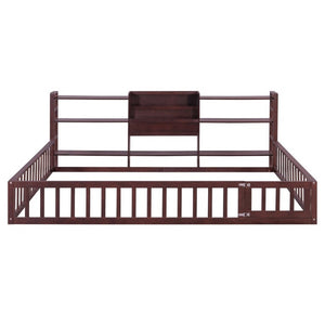 English Elm Queen Floor Bed with Fence Perimeter Bookcase and Three Tier Pine Storage Shelving Espresso LP000216AAP