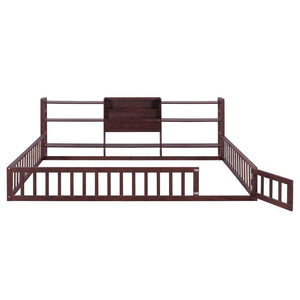 English Elm Queen Floor Bed with Fence Perimeter Bookcase and Three Tier Pine Storage Shelving Espresso LP000216AAP