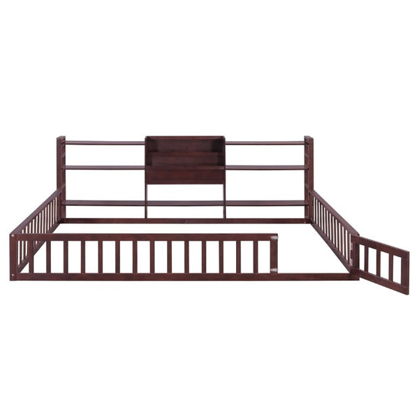 English Elm Queen Floor Bed with Fence Perimeter Bookcase and Three Tier Pine Storage Shelving Espresso LP000216AAP