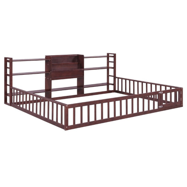 English Elm Queen Floor Bed with Fence Perimeter Bookcase and Three Tier Pine Storage Shelving Espresso LP000216AAP