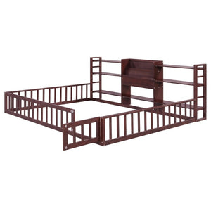 English Elm Queen Floor Bed with Fence Perimeter Bookcase and Three Tier Pine Storage Shelving Espresso LP000216AAP