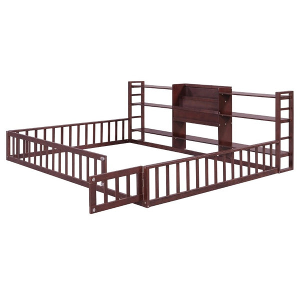 English Elm Queen Floor Bed with Fence Perimeter Bookcase and Three Tier Pine Storage Shelving Espresso LP000216AAP