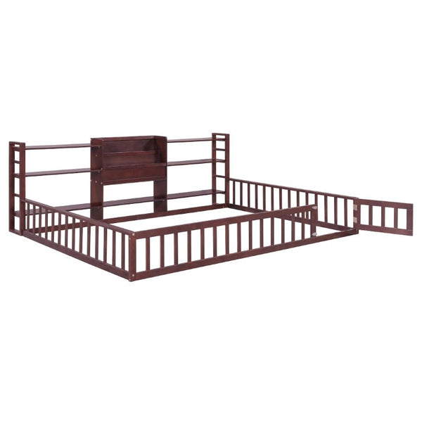 English Elm Queen Floor Bed with Fence Perimeter Bookcase and Three Tier Pine Storage Shelving Espresso LP000216AAP