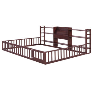 English Elm Queen Floor Bed with Fence Perimeter Bookcase and Three Tier Pine Storage Shelving Espresso LP000216AAP