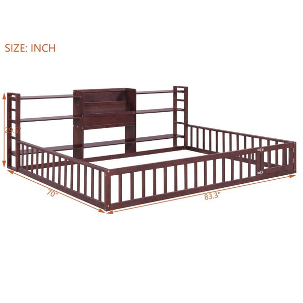 English Elm Queen Floor Bed with Fence Perimeter Bookcase and Three Tier Pine Storage Shelving Espresso LP000216AAP