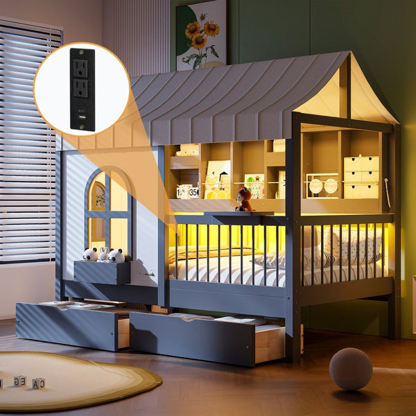 English Elm Full Size Kids House Bed with Storage Drawers Bookshelf Led Lighting Espresso Gray LP000372AAE