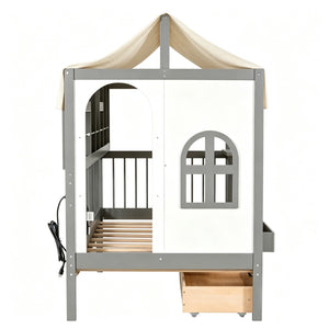 English Elm Full Size Kids House Bed with Storage Drawers Bookshelf Led Lighting Espresso Gray LP000372AAE
