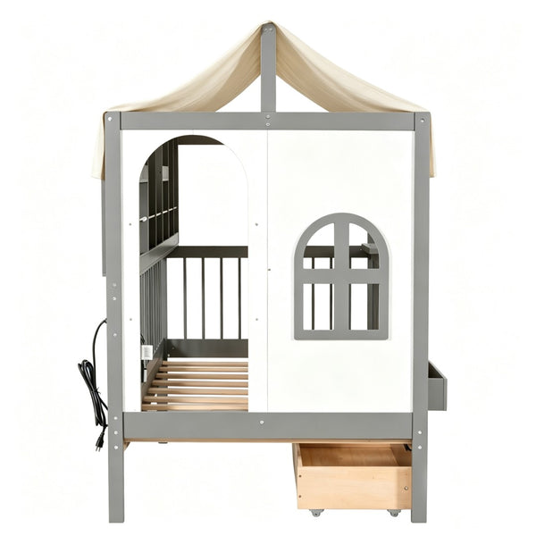English Elm Full Size Kids House Bed with Storage Drawers Bookshelf Led Lighting Espresso Gray LP000372AAE