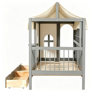 English Elm Full Size Kids House Bed with Storage Drawers Bookshelf Led Lighting Espresso Gray LP000372AAE