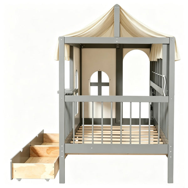 English Elm Full Size Kids House Bed with Storage Drawers Bookshelf Led Lighting Espresso Gray LP000372AAE