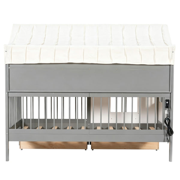 English Elm Full Size Kids House Bed with Storage Drawers Bookshelf Led Lighting Espresso Gray LP000372AAE