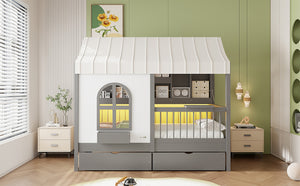 English Elm Full Size Kids House Bed with Storage Drawers Bookshelf Led Lighting Espresso Gray LP000372AAE