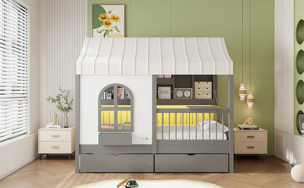 English Elm Full Size Kids House Bed with Storage Drawers Bookshelf Led Lighting Espresso Gray LP000372AAE