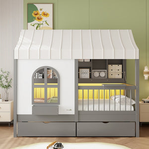 English Elm Full Size Kids House Bed with Storage Drawers Bookshelf Led Lighting Espresso Gray LP000372AAE