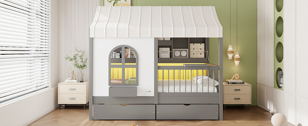 English Elm Full Size Kids House Bed with Storage Drawers Bookshelf Led Lighting Espresso Gray LP000372AAE