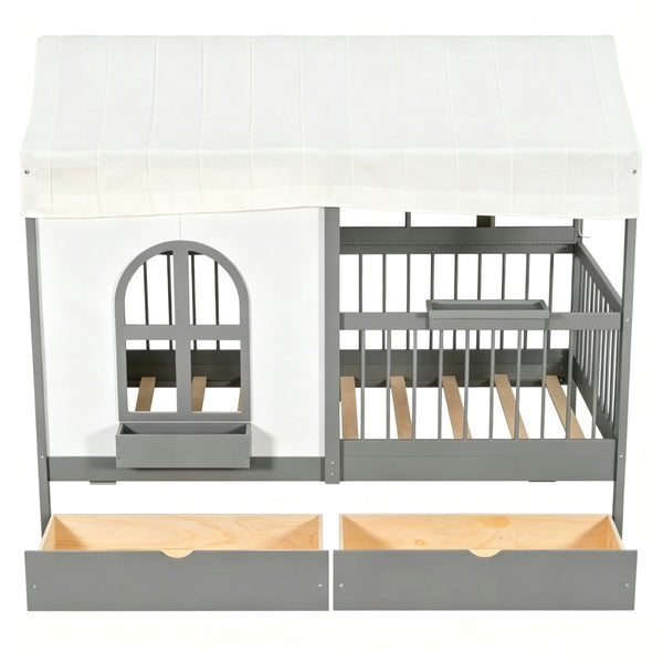 English Elm Full Size Kids House Bed with Storage Drawers Bookshelf Led Lighting Espresso Gray LP000372AAE