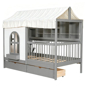 English Elm Full Size Kids House Bed with Storage Drawers Bookshelf Led Lighting Espresso Gray LP000372AAE
