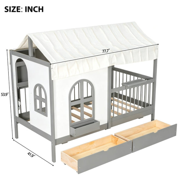 English Elm Full Size Kids House Bed with Storage Drawers Bookshelf Led Lighting Espresso Gray LP000372AAE