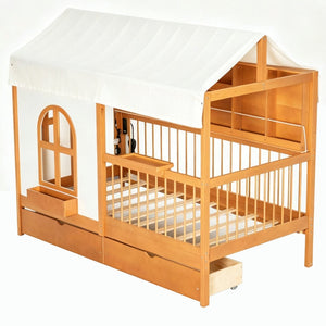 English Elm Full Size Kids House Bed with Storage Drawers Bookshelf Led Lighting Espresso Walnut LP000372AAL