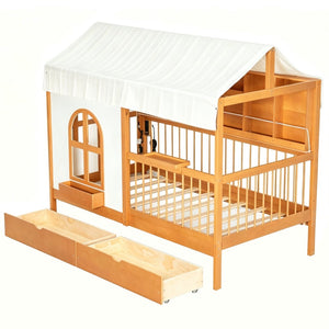 English Elm Full Size Kids House Bed with Storage Drawers Bookshelf Led Lighting Espresso Walnut LP000372AAL