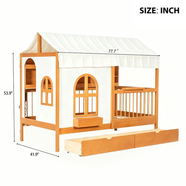 English Elm Full Size Kids House Bed with Storage Drawers Bookshelf Led Lighting Espresso Walnut LP000372AAL