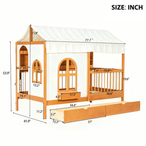 English Elm Full Size Kids House Bed with Storage Drawers Bookshelf Led Lighting Espresso Walnut LP000372AAL