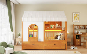 English Elm Full Size Kids House Bed with Storage Drawers Bookshelf Led Lighting Espresso Walnut LP000372AAL