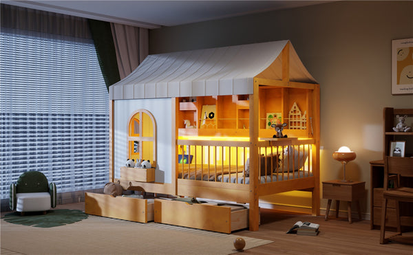 English Elm Full Size Kids House Bed with Storage Drawers Bookshelf Led Lighting Espresso Walnut LP000372AAL