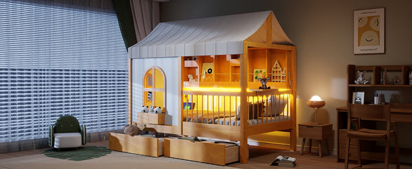English Elm Full Size Kids House Bed with Storage Drawers Bookshelf Led Lighting Espresso Walnut LP000372AAL