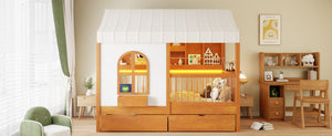 English Elm Full Size Kids House Bed with Storage Drawers Bookshelf Led Lighting Espresso Walnut LP000372AAL