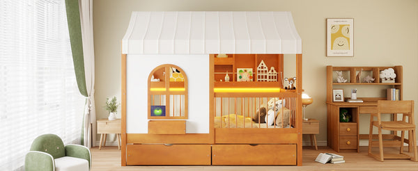 English Elm Full Size Kids House Bed with Storage Drawers Bookshelf Led Lighting Espresso Walnut LP000372AAL