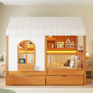 English Elm Full Size Kids House Bed with Storage Drawers Bookshelf Led Lighting Espresso Walnut LP000372AAL