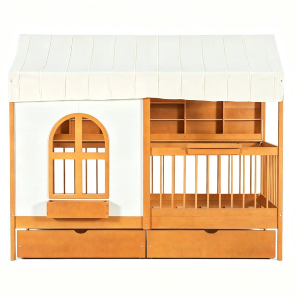 English Elm Full Size Kids House Bed with Storage Drawers Bookshelf Led Lighting Espresso Walnut LP000372AAL