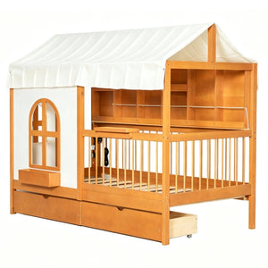 English Elm Full Size Kids House Bed with Storage Drawers Bookshelf Led Lighting Espresso Walnut LP000372AAL