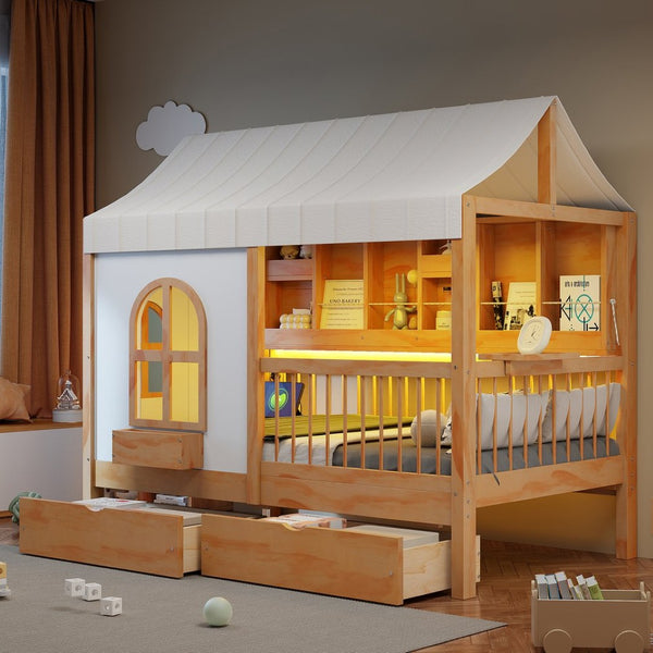 English Elm Full Size Kids House Bed with Storage Drawers Bookshelf Led Lighting Espresso Natural LP000372AAN
