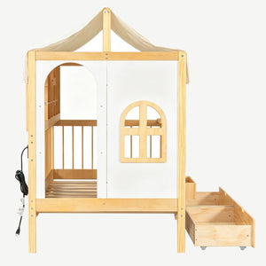 English Elm Full Size Kids House Bed with Storage Drawers Bookshelf Led Lighting Espresso Natural LP000372AAN