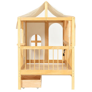 English Elm Full Size Kids House Bed with Storage Drawers Bookshelf Led Lighting Espresso Natural LP000372AAN