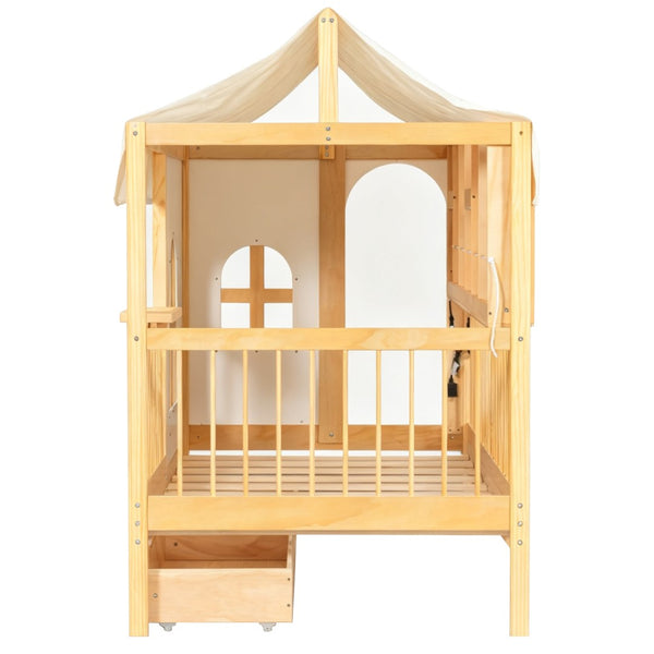 English Elm Full Size Kids House Bed with Storage Drawers Bookshelf Led Lighting Espresso Natural LP000372AAN