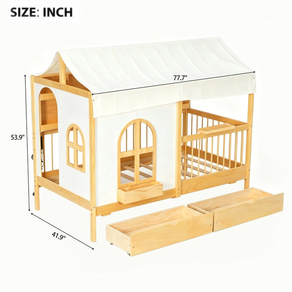 English Elm Full Size Kids House Bed with Storage Drawers Bookshelf Led Lighting Espresso Natural LP000372AAN