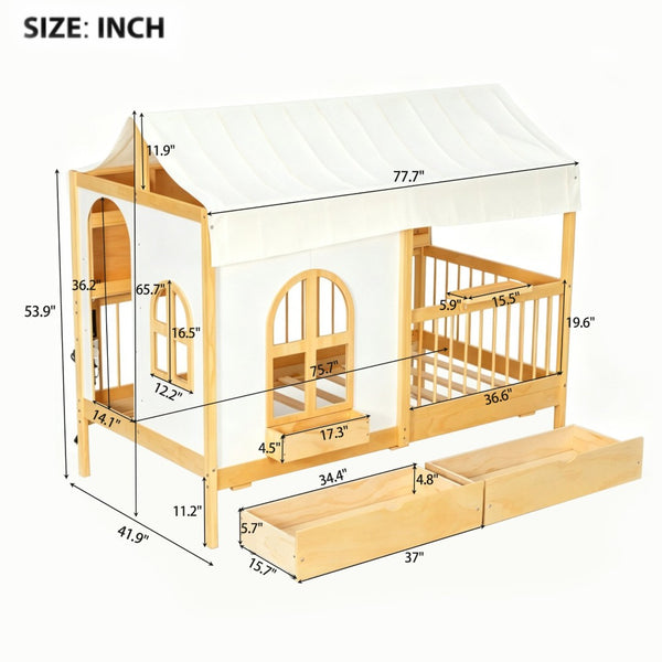 English Elm Full Size Kids House Bed with Storage Drawers Bookshelf Led Lighting Espresso Natural LP000372AAN