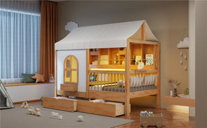 English Elm Full Size Kids House Bed with Storage Drawers Bookshelf Led Lighting Espresso Natural LP000372AAN