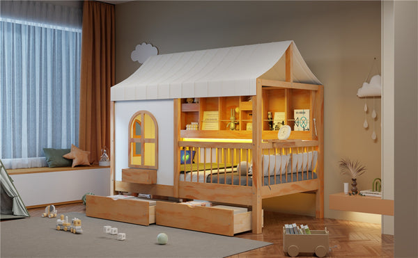 English Elm Full Size Kids House Bed with Storage Drawers Bookshelf Led Lighting Espresso Natural LP000372AAN