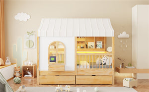 English Elm Full Size Kids House Bed with Storage Drawers Bookshelf Led Lighting Espresso Natural LP000372AAN