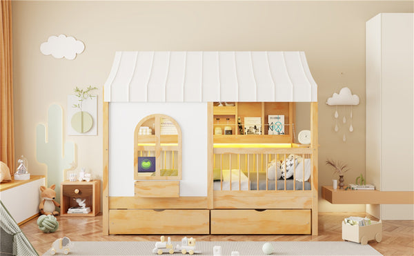 English Elm Full Size Kids House Bed with Storage Drawers Bookshelf Led Lighting Espresso Natural LP000372AAN