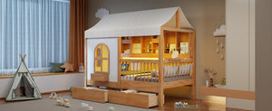 English Elm Full Size Kids House Bed with Storage Drawers Bookshelf Led Lighting Espresso Natural LP000372AAN