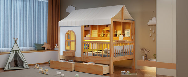 English Elm Full Size Kids House Bed with Storage Drawers Bookshelf Led Lighting Espresso Natural LP000372AAN