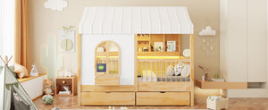English Elm Full Size Kids House Bed with Storage Drawers Bookshelf Led Lighting Espresso Natural LP000372AAN